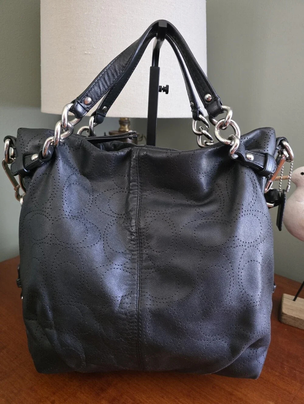 Coach F16908 Brooke Convertible Duffle Black Signature Perforated Leather Bag